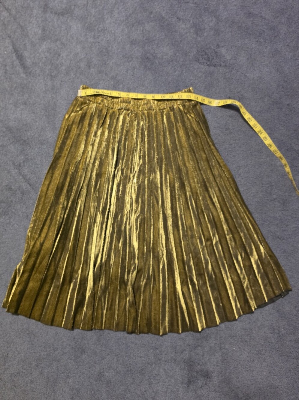Gold Pleated Skirt Elastic Waist and Raw Hem
